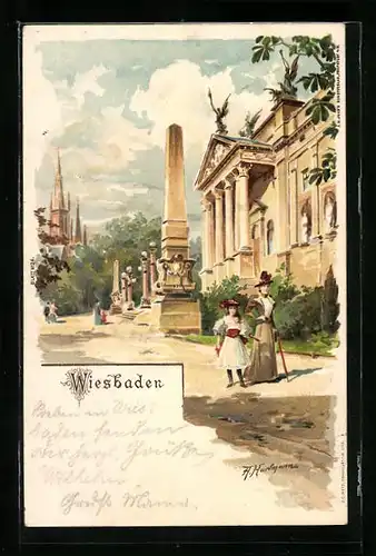 Künstler-AK Wiesbaden, Strassenpartie mit Kirche und Denkmal