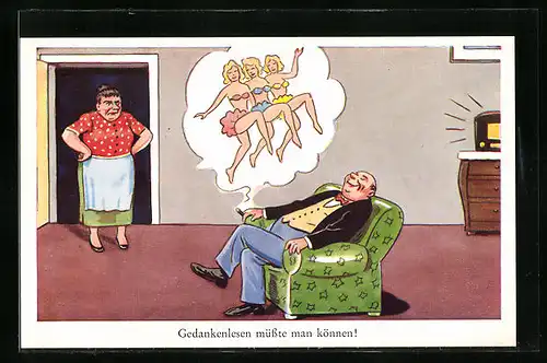 AK Gedankenlesen müsste man können!, Mann träumt von Pin-up Girls