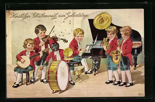 AK Kinderkapelle mit Pauke, Klavier, Geige und Saxophon