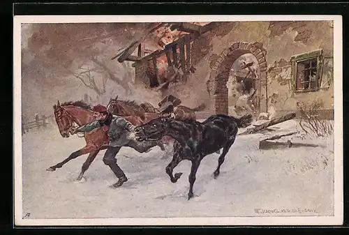Künstler-AK Rotes Kreuz Nr. 431: Franz Vesely rettet aus einem in Brand geschossenen Haus die Pferde seiner Patrouille