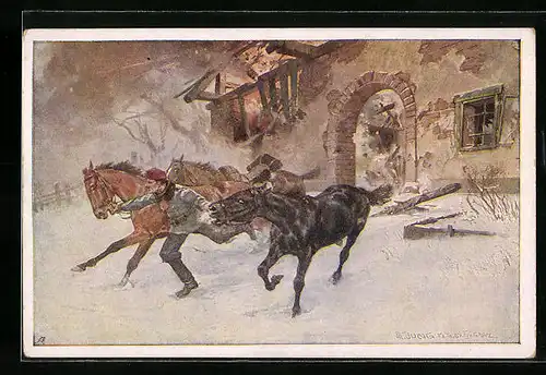 Künstler-AK Rotes Kreuz Nr. 431: Korporal Franz Vesely rettet Pferde aus einem brenenden Haus
