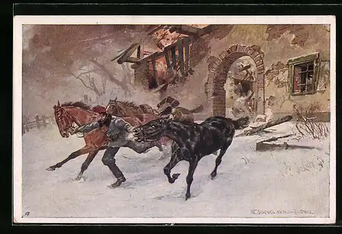 Künstler-AK Rotes Kreuz Nr. 431: Korporal Franz Vesely rettet Pferde aus einem brennenden Haus