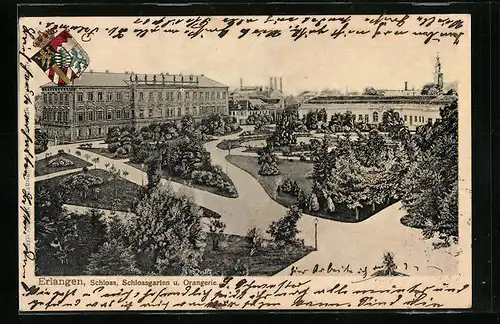 AK Erlangen, Schloss, Schlossgarten, Orangerie und Wappen