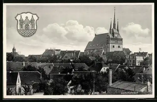 AK Lommatzsch, Teilansicht mit Kirche, Wappen