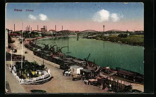 AK Riesa / Elbe, Kanalpartie mit Elbbrücke