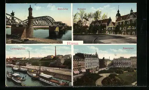 AK Riesa / Elbe, Rathaus, Landungsplatz, Rosenplatz