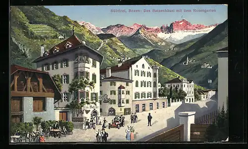 AK Bozen, Gasthaus Batzenhäusl mit dem Rosengarten