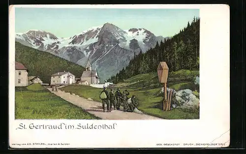 AK St. Gertraud im Suldenthal, Ortspartie mit Kirche und Flurkreuz