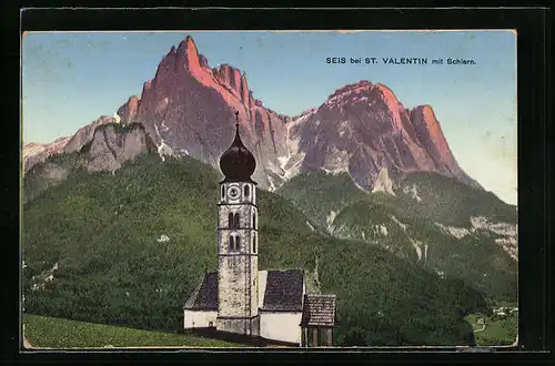 AK Seis bei St. Valentin, Ortspartie mit Kirche und Schlern
