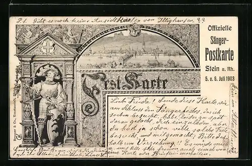 Lithographie Stein a. Rh., Sängerfest 1903, Teilansicht mit Kirche, Wächter mit Schwert und Schild