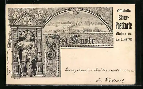 Lithographie Stein a. Rh., Sängerfest 1903, Teilansicht mit Kirche, Wächter mit Schwert und Schild