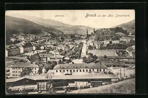 AK Bruck an der Mur, Teilansicht mit Bahnhof