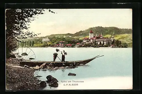 AK Spiez am Thunersee, Uferpartie mit Boot