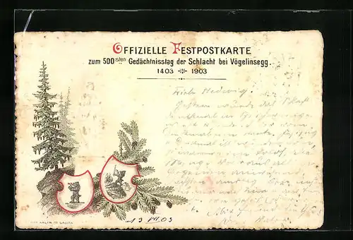 Präge-Künstler-AK Vögelinsegg, Festpostkarte zum 500sten Gedächtnistag der Schlacht bei Vögelinsegg 1403-1903, Denkmal