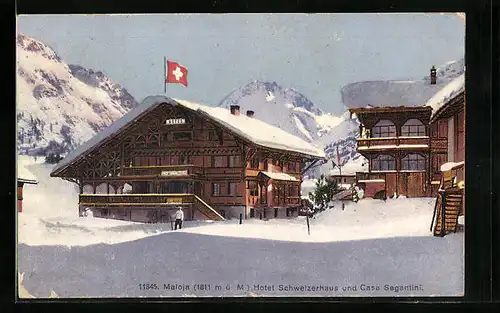AK Maloja, Hotel Schweizerhaus und Casa Segantini im Schnee