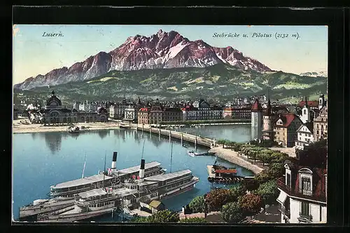 AK Luzern, Seebrücke und Pilatus mit Dampfern
