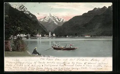 AK Flüelen, Uferpartie mit dem Birkenstock und Boot