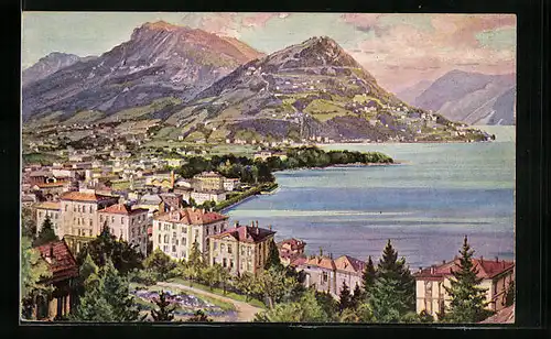 Künstler-AK Lugano, Panorama & Monte Bré e Boglia