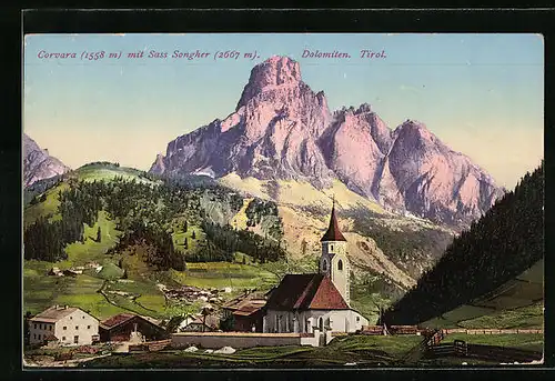 AK Corvara, Panorama mit Sass Songher, Dolomiten