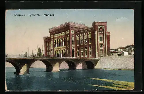 AK Sarejevo, an der Brücke vor dem Rathaus