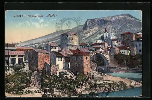 AK Mostar, Häuser am Ufer neben der Römerbrücke