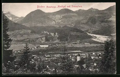 AK Bludenz, Blick auf die Stadt mit Montigel und Scesaplana