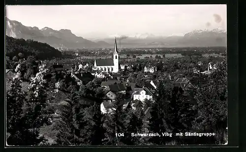 AK Schwarzach, Blick zur Kirche und auf die Säntisgruppe im Hintergrund