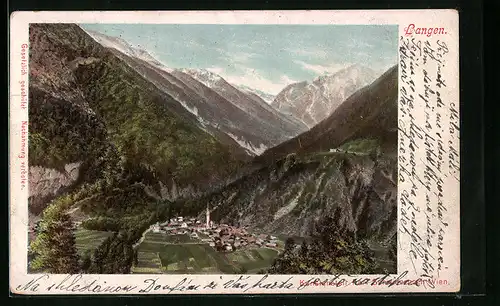 Lithographie Langen, Generalansicht im Tal, Blick auf die Alpen