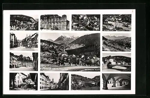 AK Feldkirch, Generalansicht mit der Gurtisspitze, auf dem Marktplatz, Fliegeraufnahme der Stadt, das Rathaus