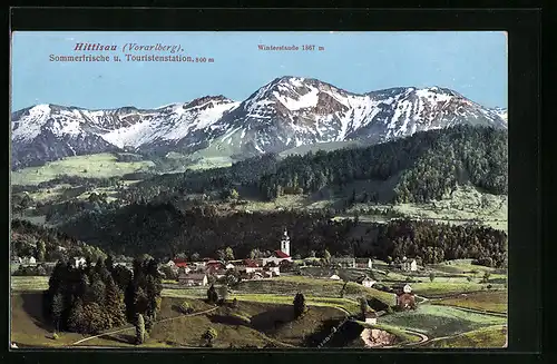 AK Hittisau, Blick auf den Ort und die Kapelle gegen die Winterstaude