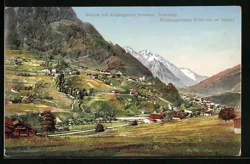 AK Dalaas, Ortstotale mit der Arlbergbahn, Blick zur Freiburgerhütte