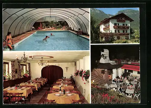 AK St. Michael - Eppan, die Pension Rittstein, Speiseraum, Terrasse und Pool