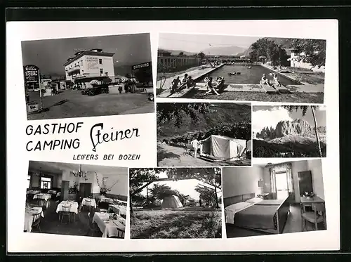 AK Leifers bei Bozen, Gasthof Camping Steiner, auf dem Parkplatz, Speiseraum, am Pool