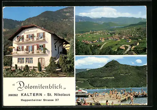 AK Kaltern, St. Nikolaus, vor der Pension Dolomitenblick, Ortstotale, Badegäste am See