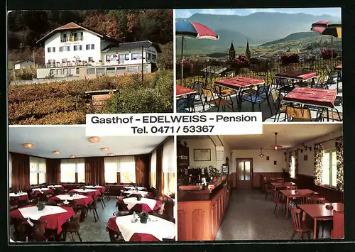 AK St. Nikolaus bei Kaltern, Gasthof Pension Edelweiss, Terrasse, im Speiseraum