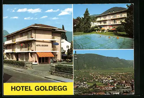 AK Lana bei Meran, Generalansicht, Seilbahn, Hotel Goldegg, Gäste im Pool