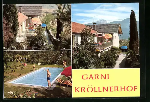 AK Lana bei Meran, Garni Kröllnerhof, auf der Terrasse, am Pool