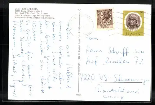 AK Lana bei Meran, Garni Kröllnerhof, auf der Terrasse, am Pool