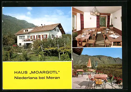 AK Niederlana bei Meran, das Haus Moargütl, Speiseraum, auf der Terrasse