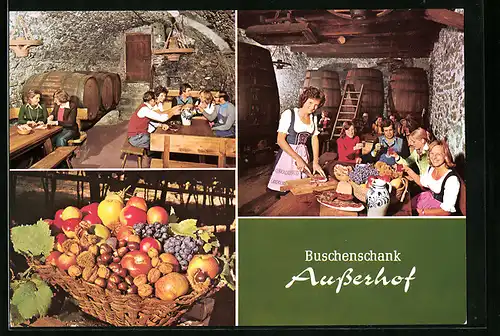 AK Lana bei Meran, Buschenschank Ausserhof, altes Gemäuer mit Weinfässern