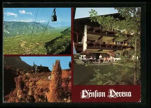 AK Lana bei Meran, Talblick auf die Stadt mit der Seilbahn, Pension Verena, Kirche auf dem Berg
