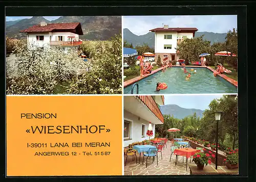 AK Lana bei Meran, Pension Wiesenhof, Aussenansicht, am Pool, auf der Terrasse