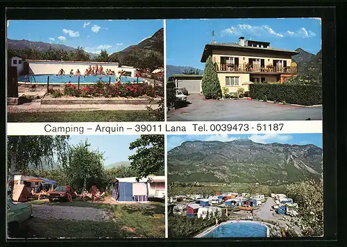 AK Lana bei Meran, Garni Arquin, vor der Pension, am Pool, Campingplatz