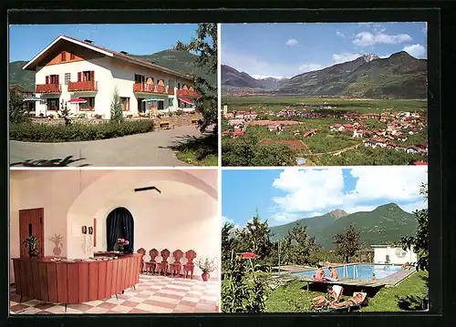 AK Lana bei Meran, Panoramaansicht der Stadt, Pension Ausserdorfer, an der Rezeption, am Pool