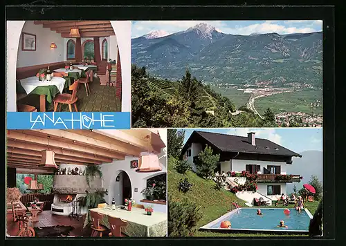AK Lana bei Meran, die Lana Höhe, Kamin im Speiseraum, am Pool
