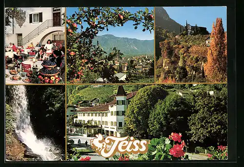 AK Lana bei Meran, Generalansicht, am Haus Teiss, der Wasserfall, Gartenlokal