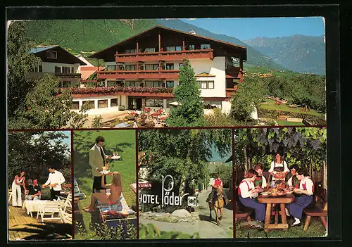 AK Lana bei Meran, Hotel Restaurant Cafe Pöder, Aussenansicht, Essen in Trachten, Bedienung im Garten