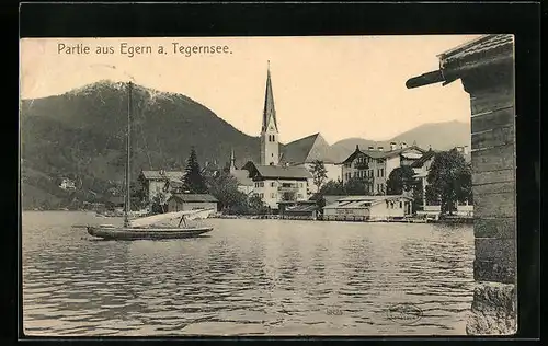 AK Egern, Segelschiff vor der Kirche am Tegernsee