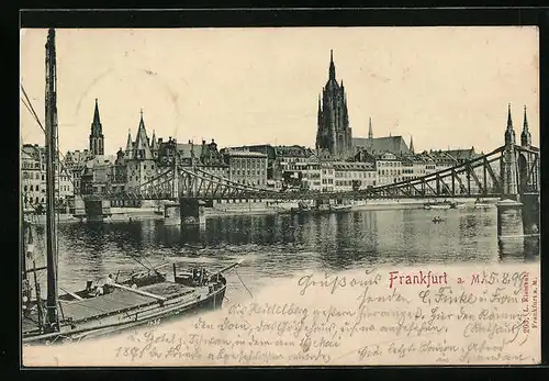AK Alt-Frankfurt, Schiff auf dem Main mit Brücke und Blick zum Dom