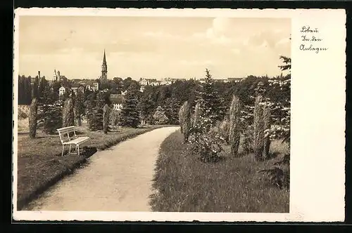 AK Löbau i. Sa., die neuen Anlagen mit der Nicolaikirche im Hintergrund